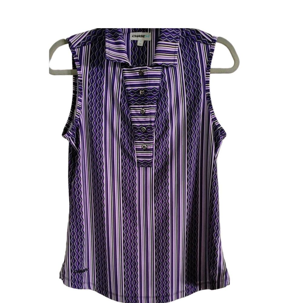 Chase 54 Golf Top Sleeveless Tank Henley Medium Black White Purple Striped